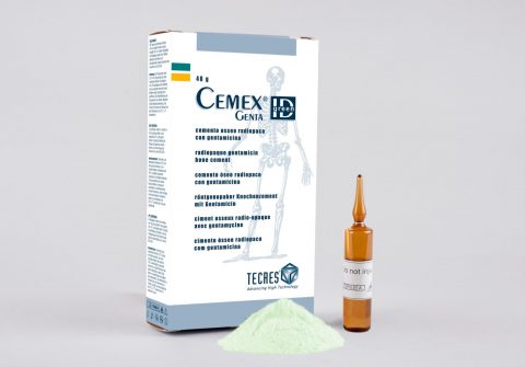 Grüner Knochenzement Cemex® Genta ID Green mit Gentamicin zur manuellen Anmischung mit Flüssigkeit und Pulver